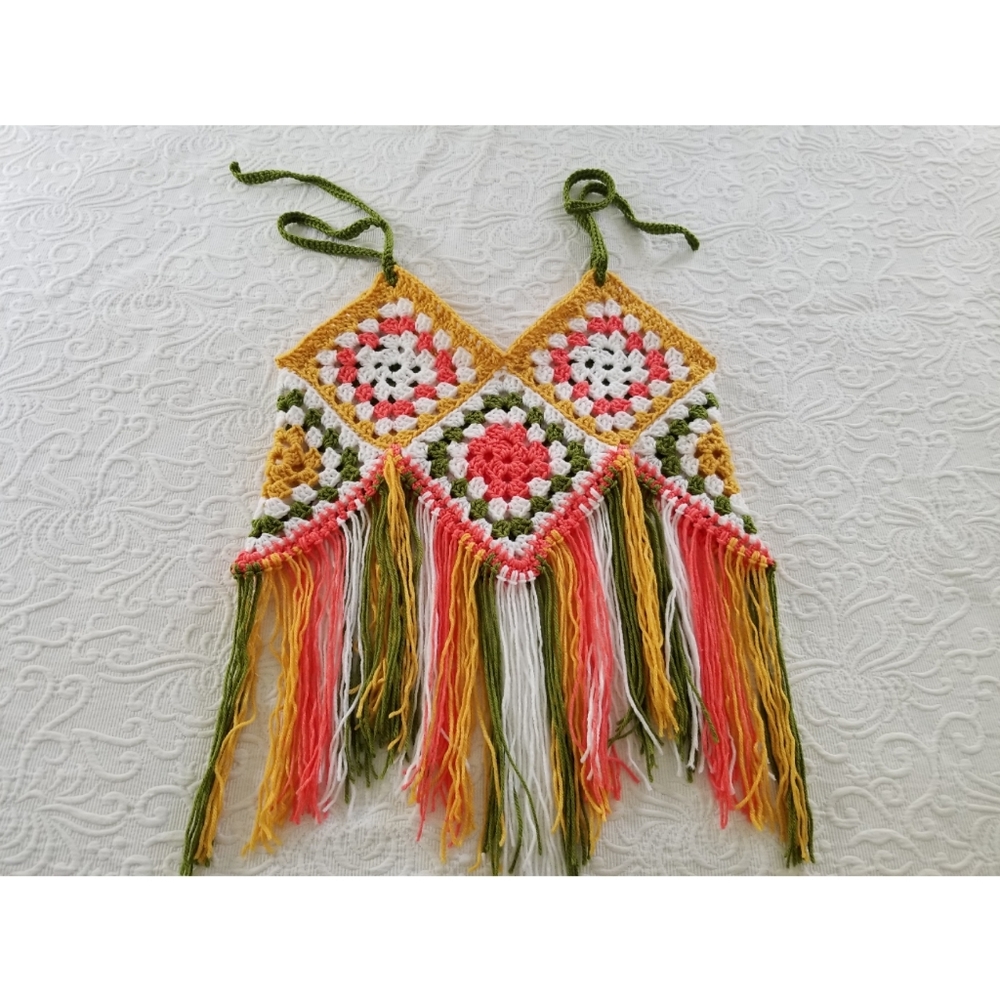 Fringed crop top granny squares boho hippie crochet Festival Party Funky - Picture 6 of 9